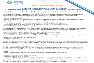 Communiqué de Presse Appel à candidature pour le prix 2022 du meilleur travail journalistique sur le thème de « L’utilisation rationnelle de l’énergie et la promotion des énergies renouvelables »